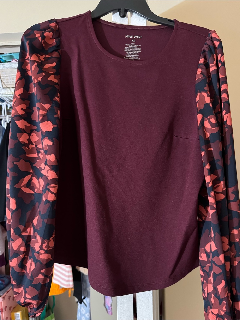 Nine West Burgundy Top with Red and Black Printed Balloon Sleeves